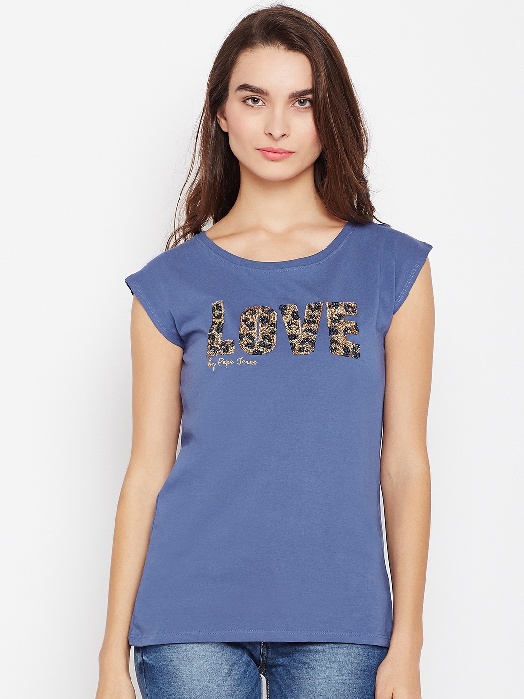 

Pepe Jeans Women Blue Embellished Pure Cotton Top