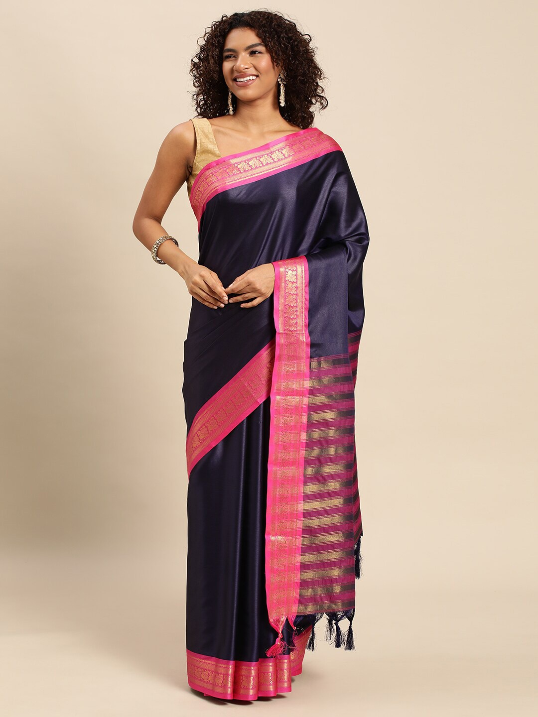 

WILORI Zari Silk Cotton Dharmavaram Saree, Blue