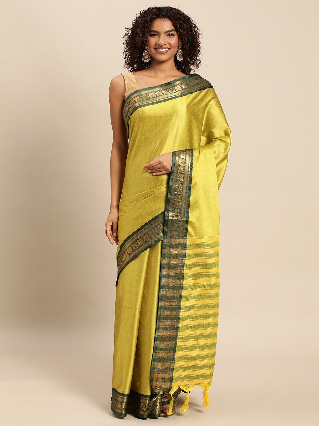 

WILORI Zari Silk Cotton Dharmavaram Saree, Lime green