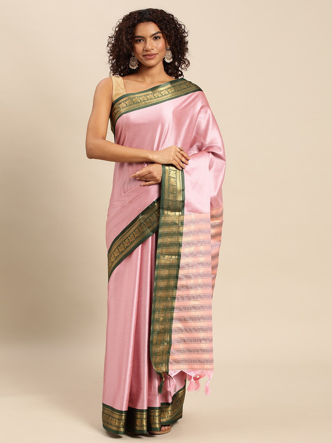 

WILORI Zari Silk Cotton Dharmavaram Saree, Pink