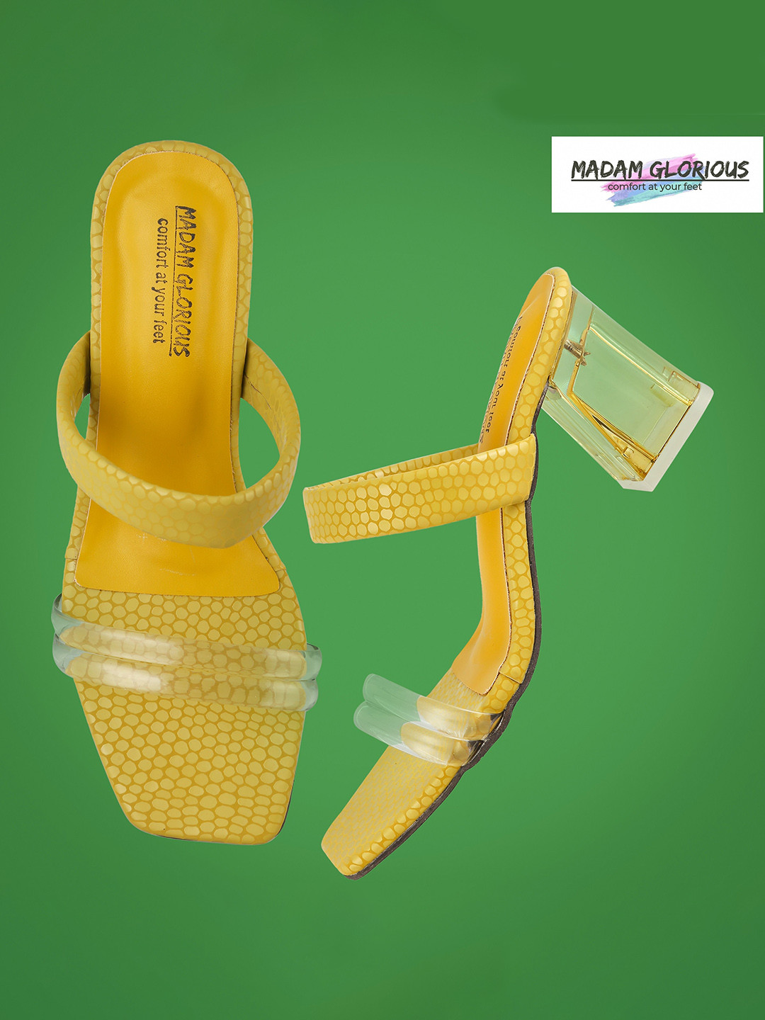 

madam glorious Transparent Block Sandals Heels, Yellow