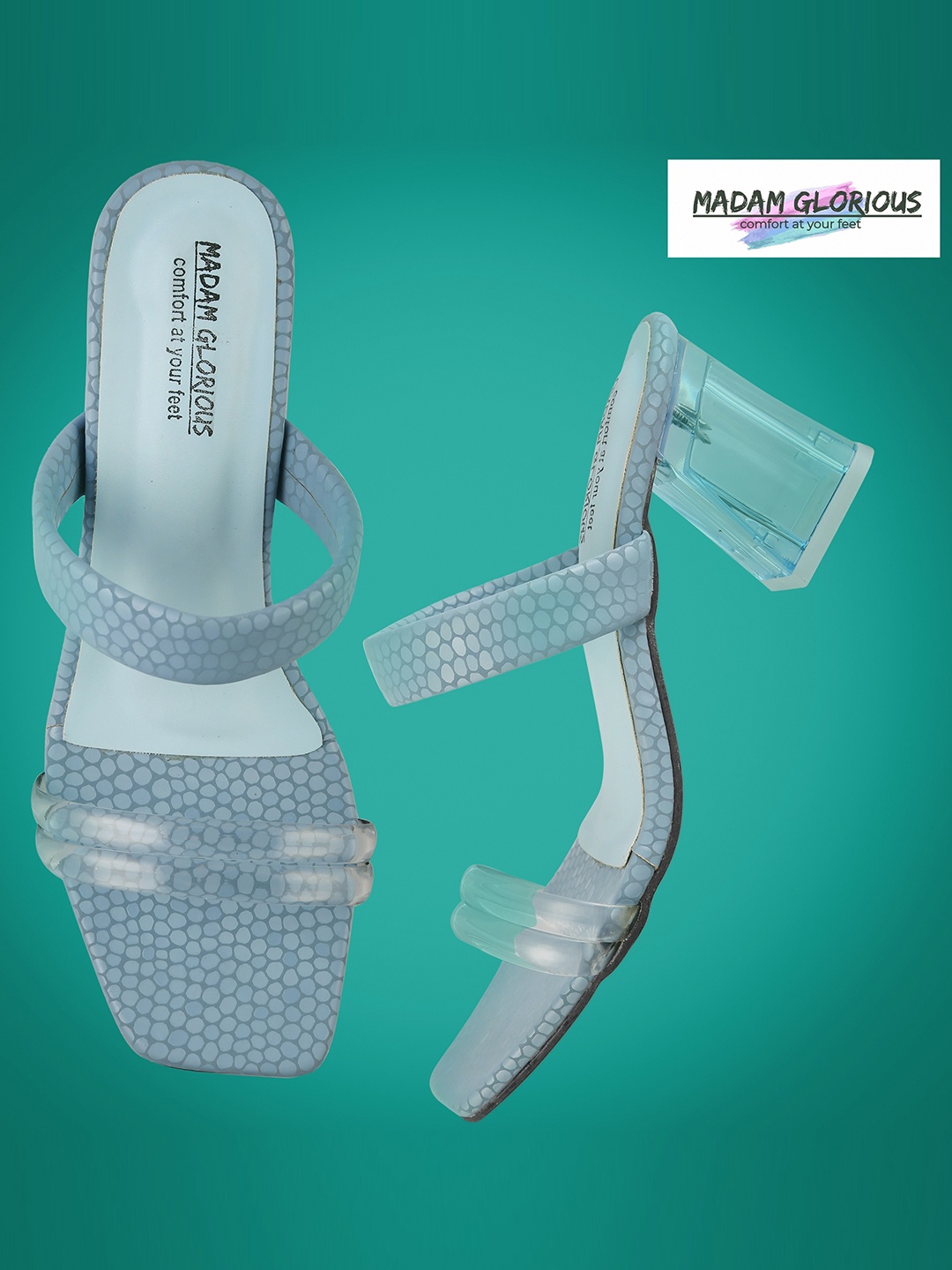 

madam glorious Transparent Block Sandals Heels, Turquoise blue