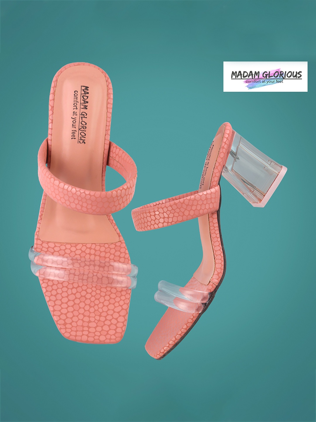 

madam glorious Transparent Block Sandals Heels, Peach