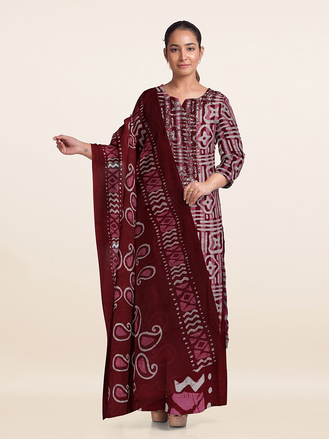

Pothys Geometric Printed Unstitched Dress Material, Maroon