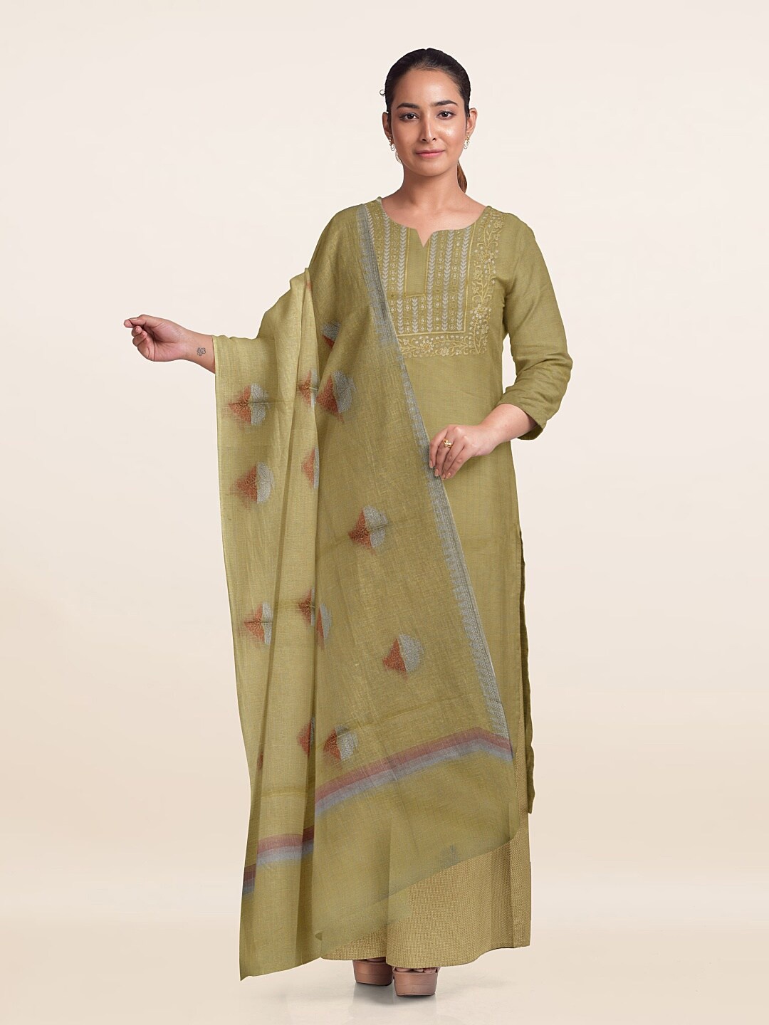 

Pothys Printed Jute Cotton Unstitched Dress Material, Green