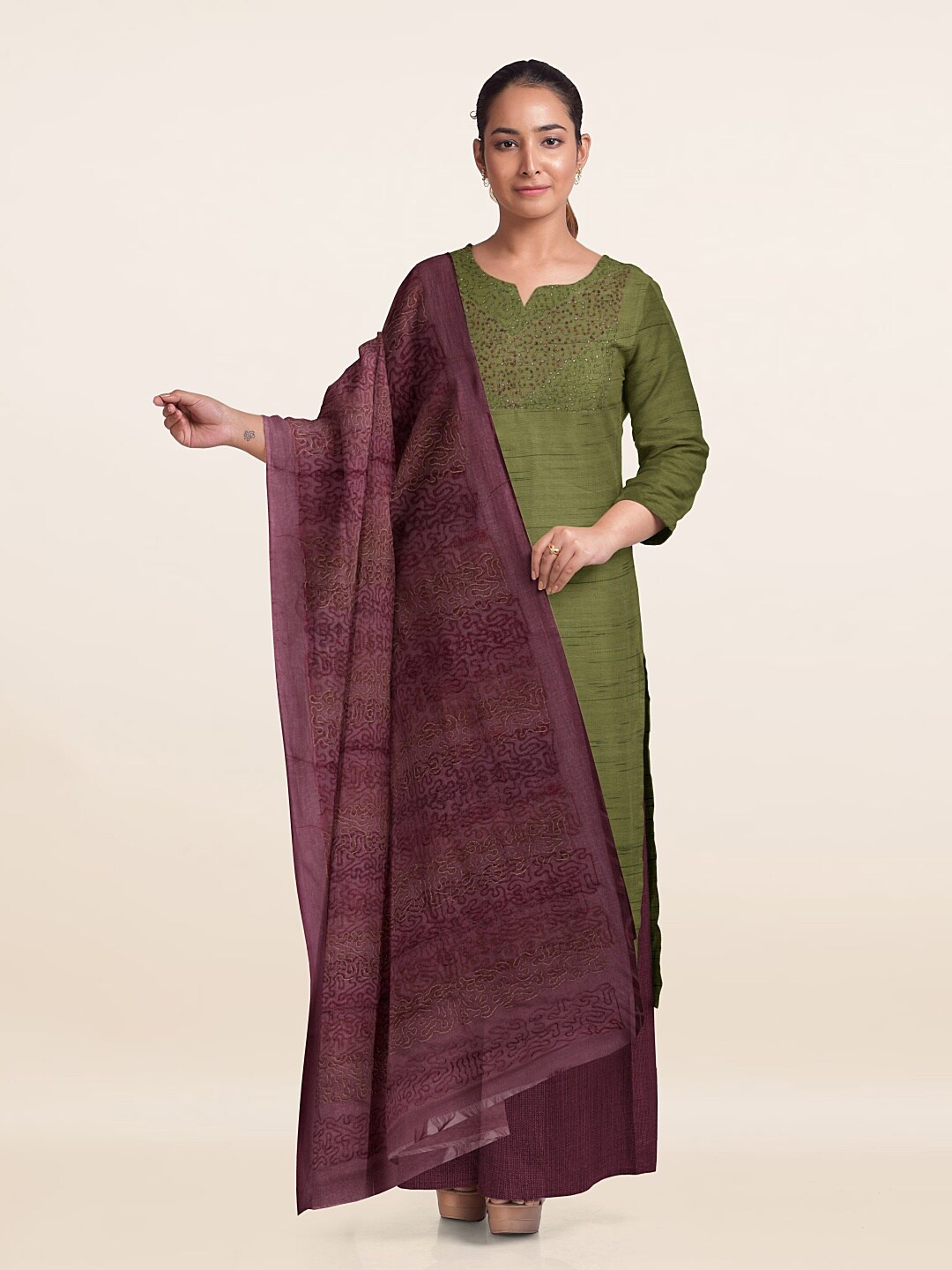 

Pothys Embellished Unstitched Dress Material, Green