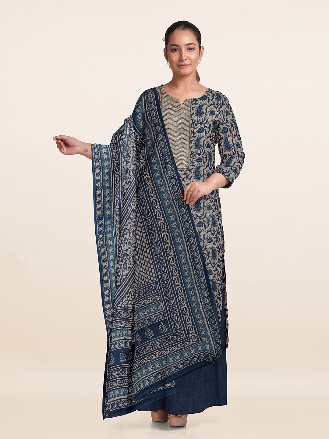 

Pothys Printed Unstitched Dress Material, Blue