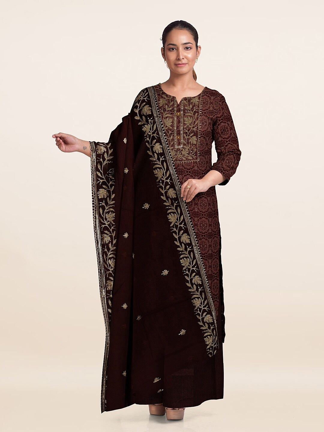 

Pothys Unstitched Dress Material, Brown
