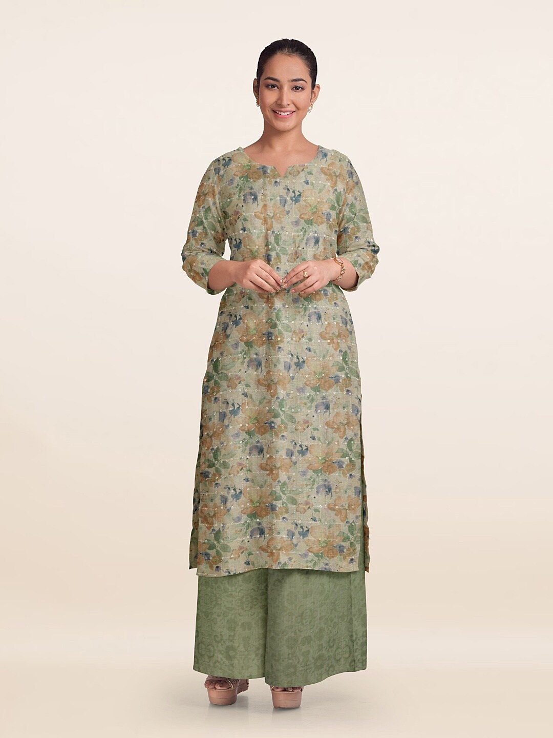 

Pothys Printed Unstitched Dress Material, Green