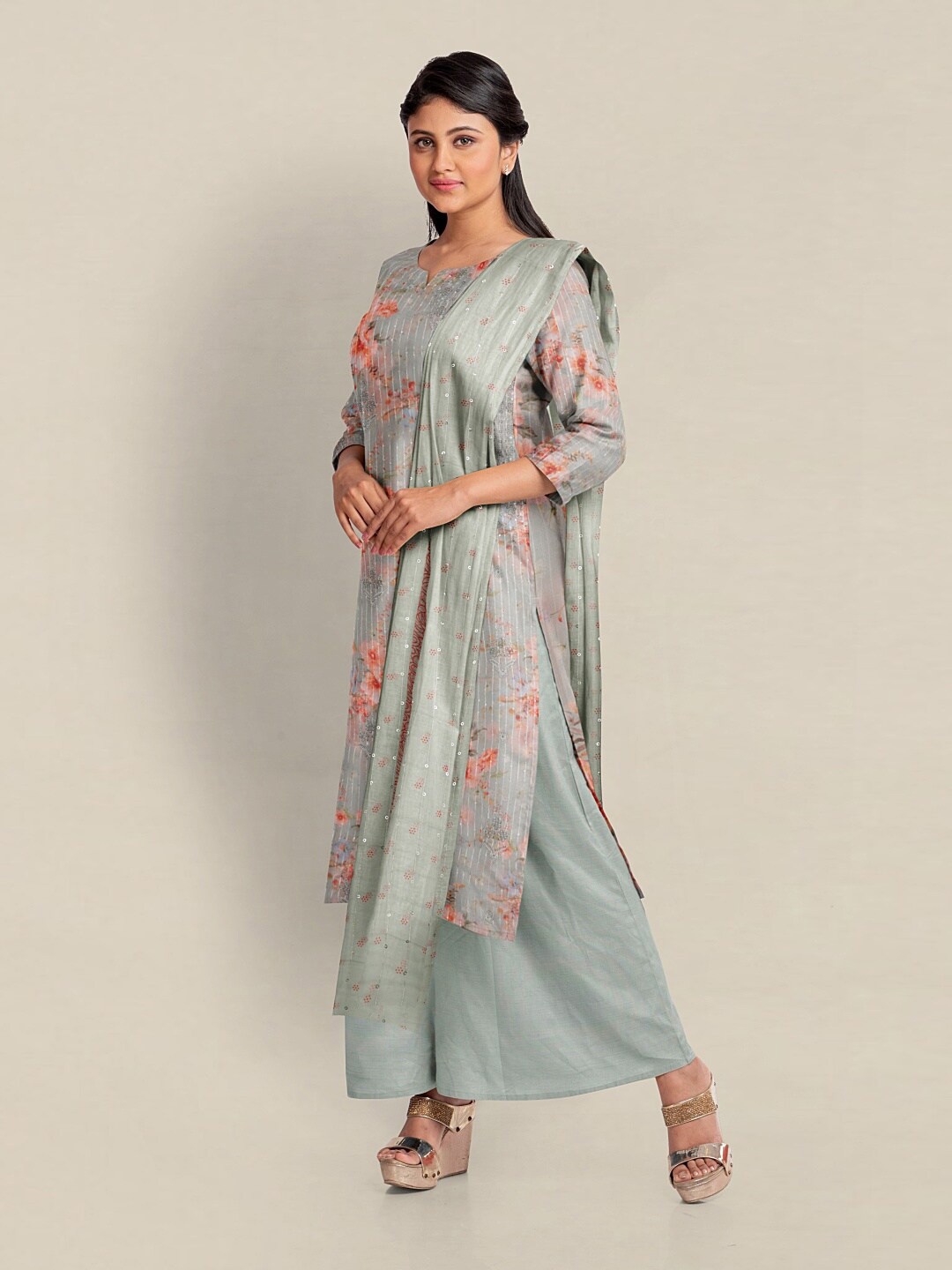 

Pothys Printed Unstitched Dress Material, Green