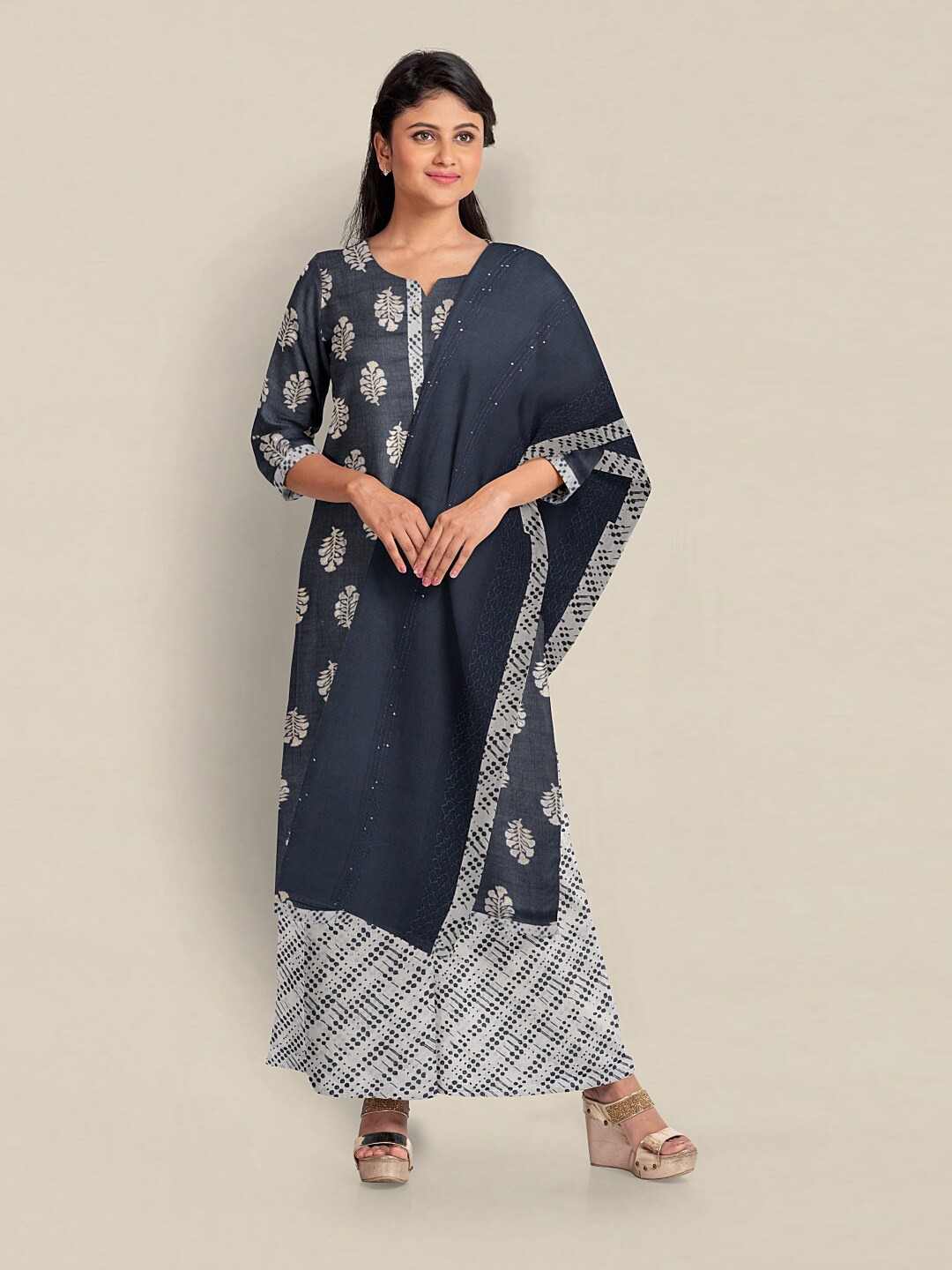 

Pothys Printed Viscose Rayon Unstitched Dress Material, Navy blue
