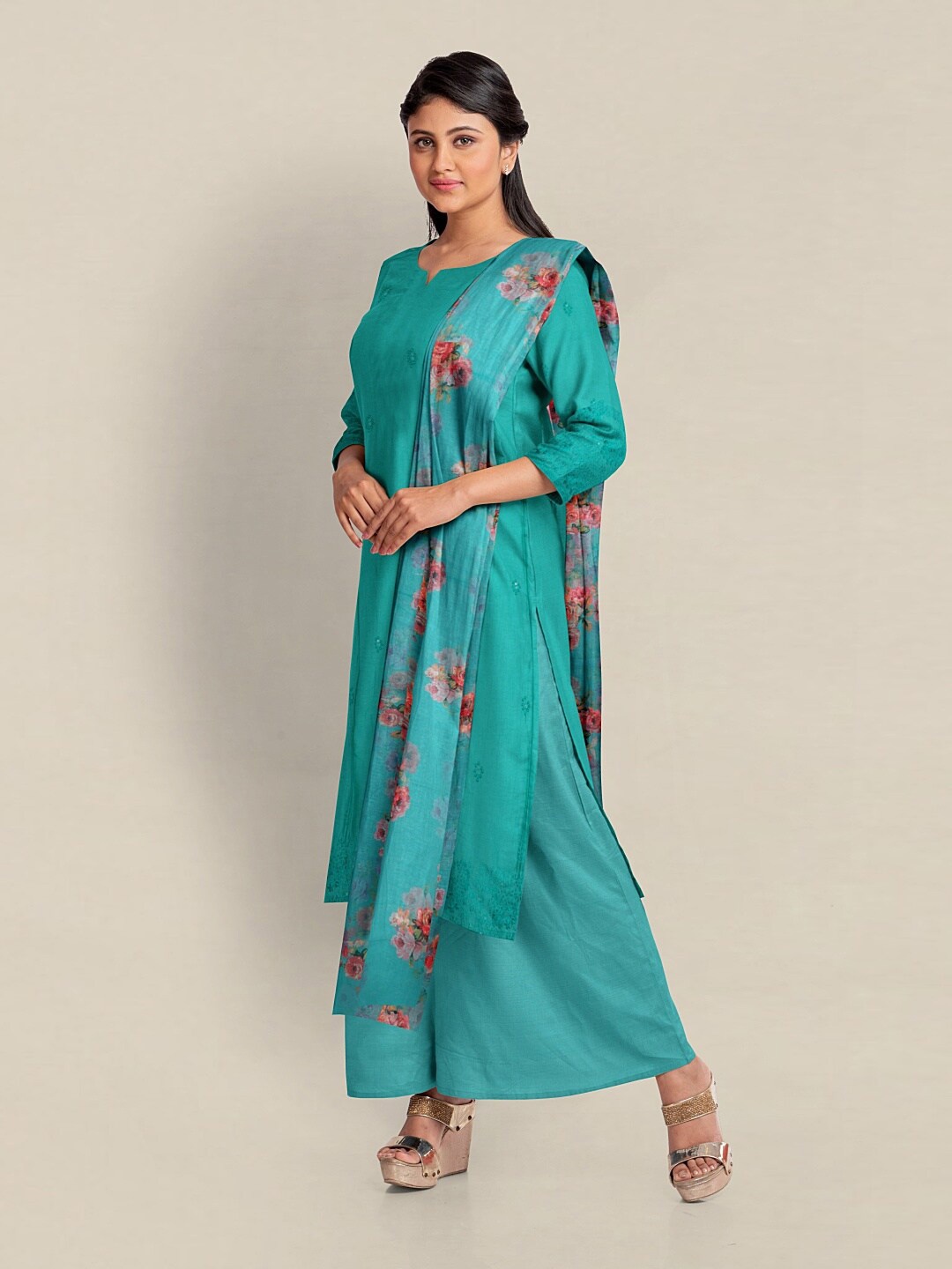 

Pothys Teal & Pink Embroidered Unstitched Dress Material