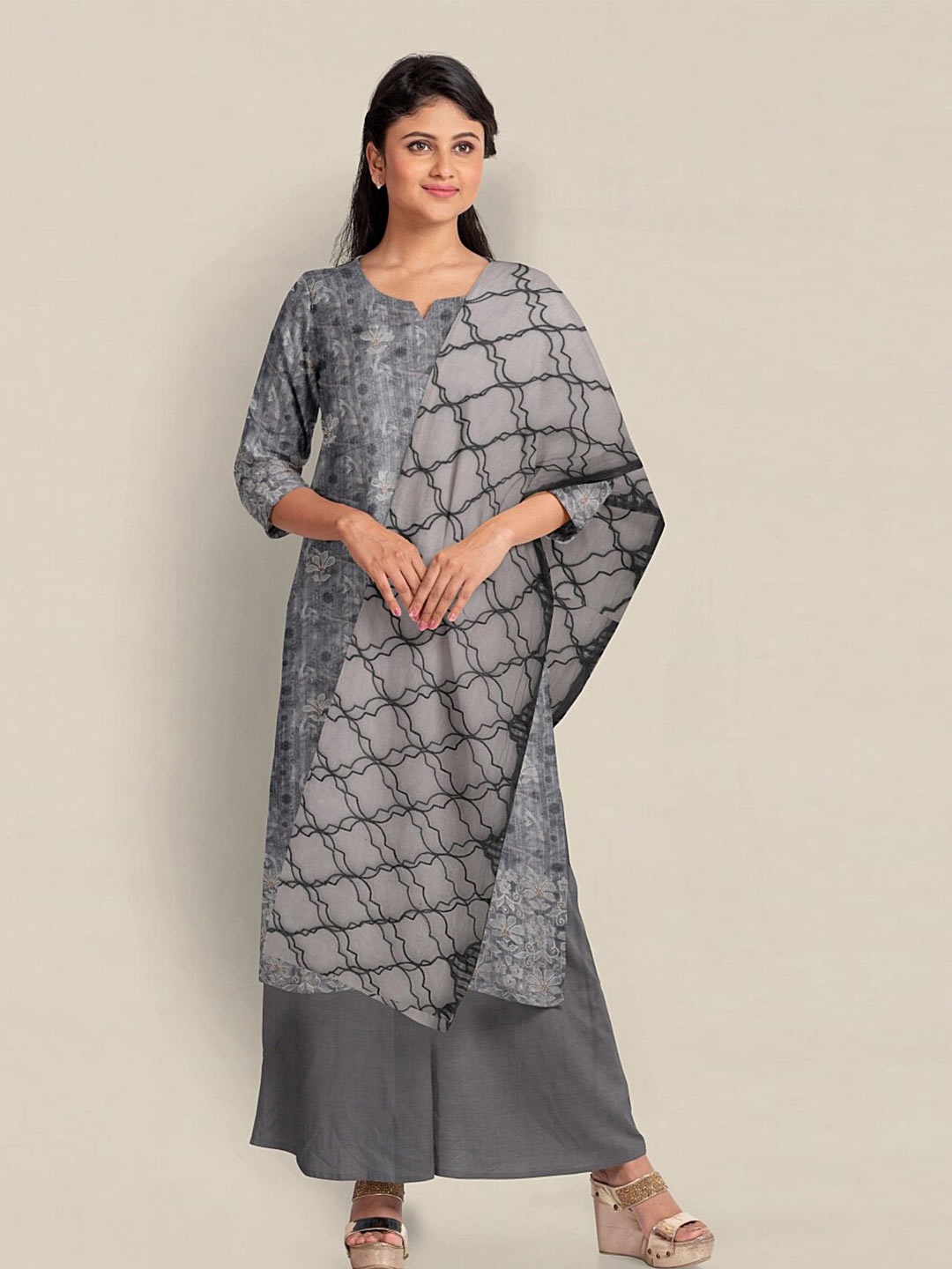 

Pothys Printed Linen Unstitched Dress Material, Grey
