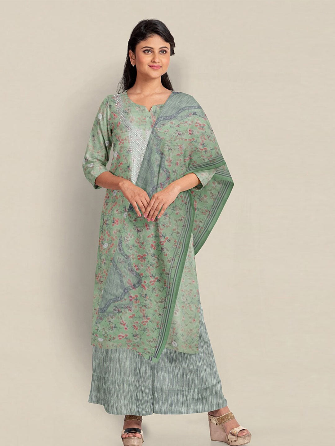 

Pothys Printed Unstitched Dress Material, Green