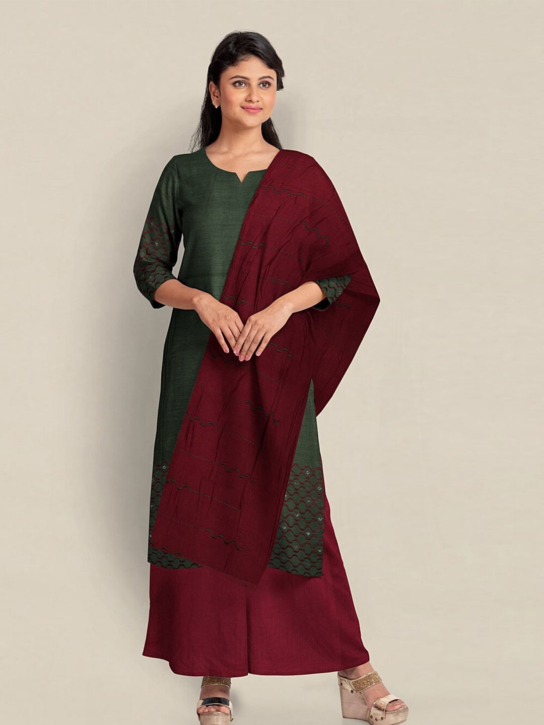

Pothys Green & Maroon Printed Unstitched Dress Material