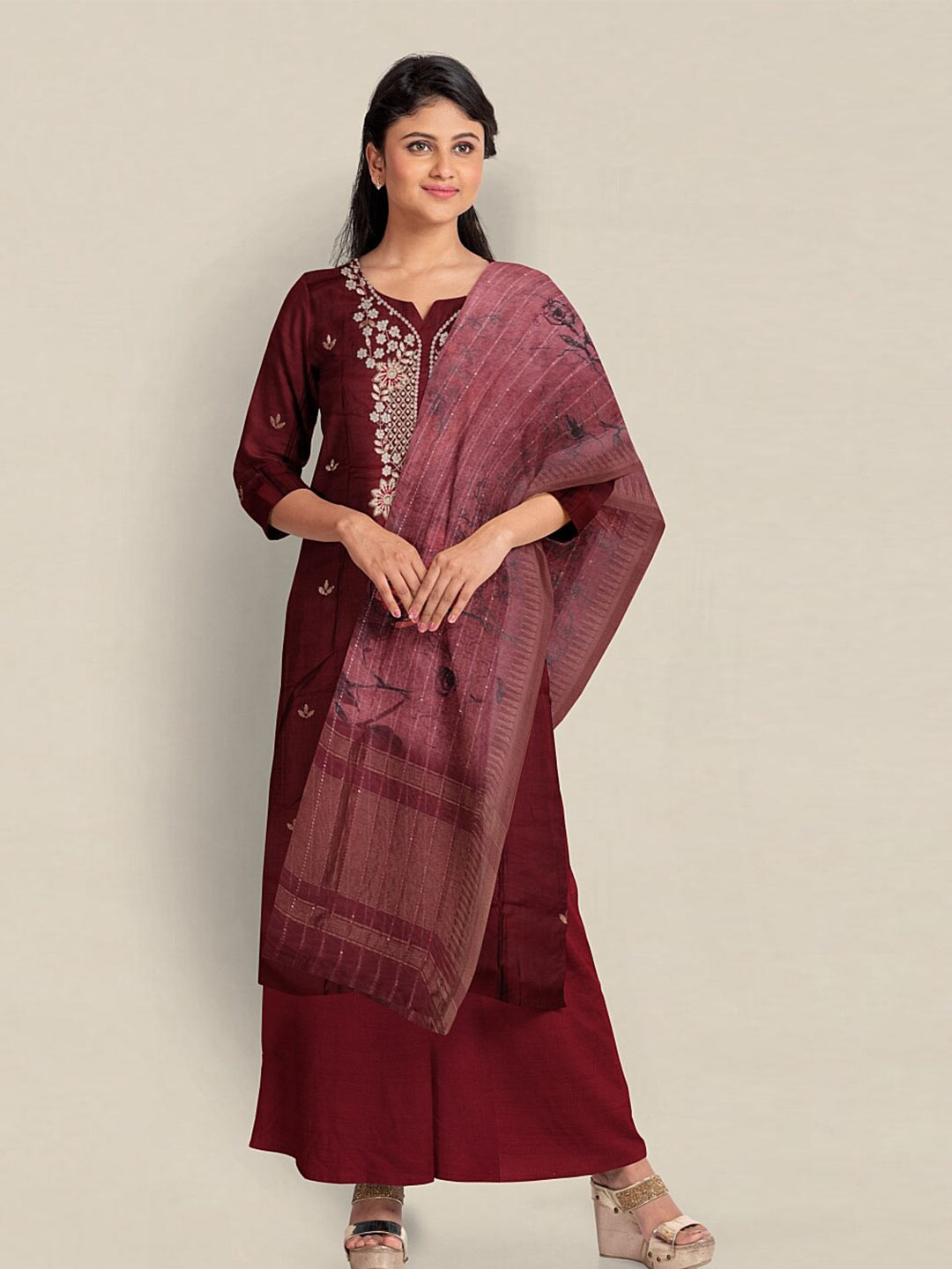 

Pothys Embroidered Unstitched Dress Material, Maroon