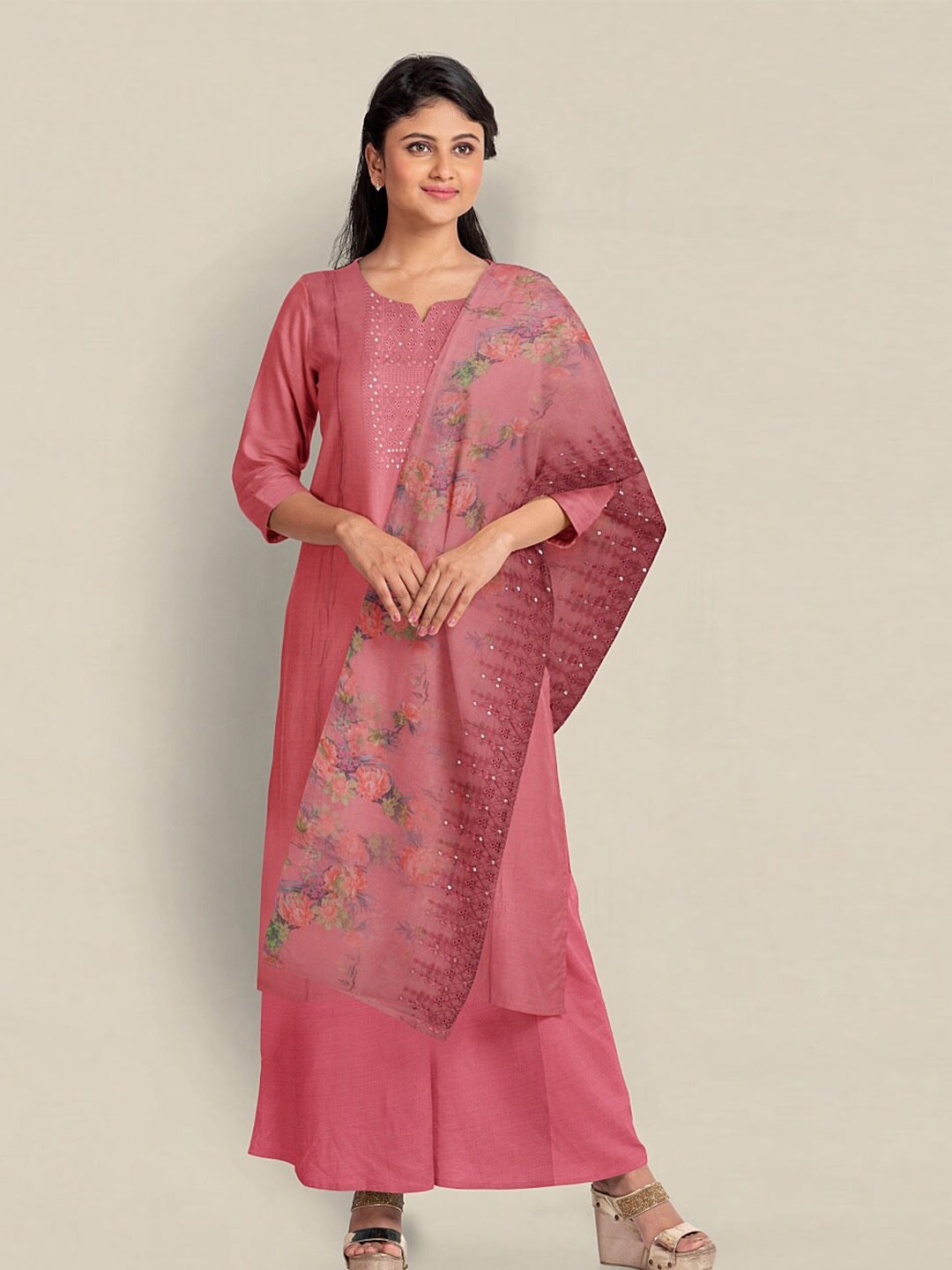 

Pothys Pink & Green Embroidered Unstitched Dress Material