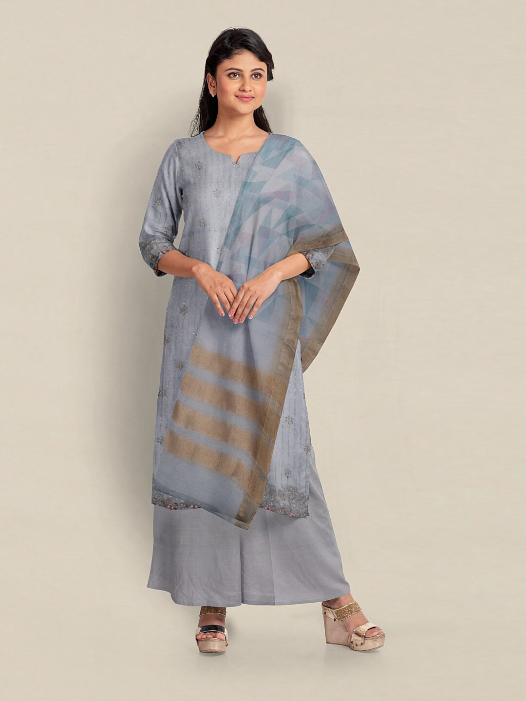 

Pothys Organza Unstitched Dress Material, Grey