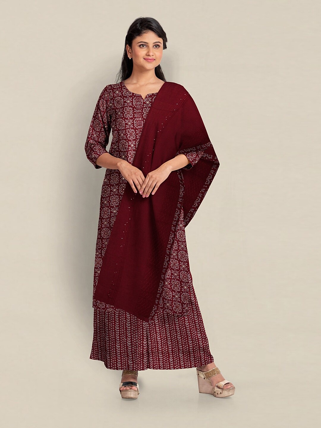 

Pothys Printed Viscose Rayon Unstitched Dress Material, Maroon