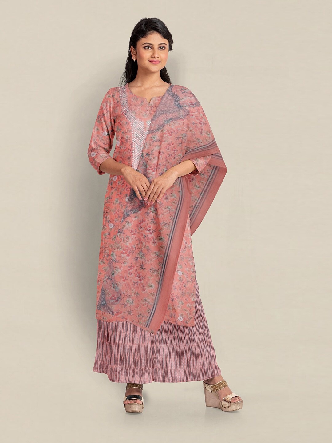 

Pothys Printed Unstitched Dress Material, Peach