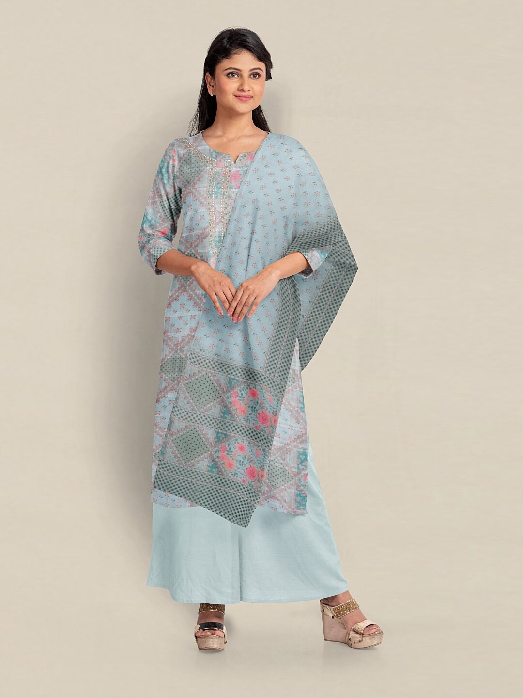 

Pothys Printed Unstitched Dress Material, Blue