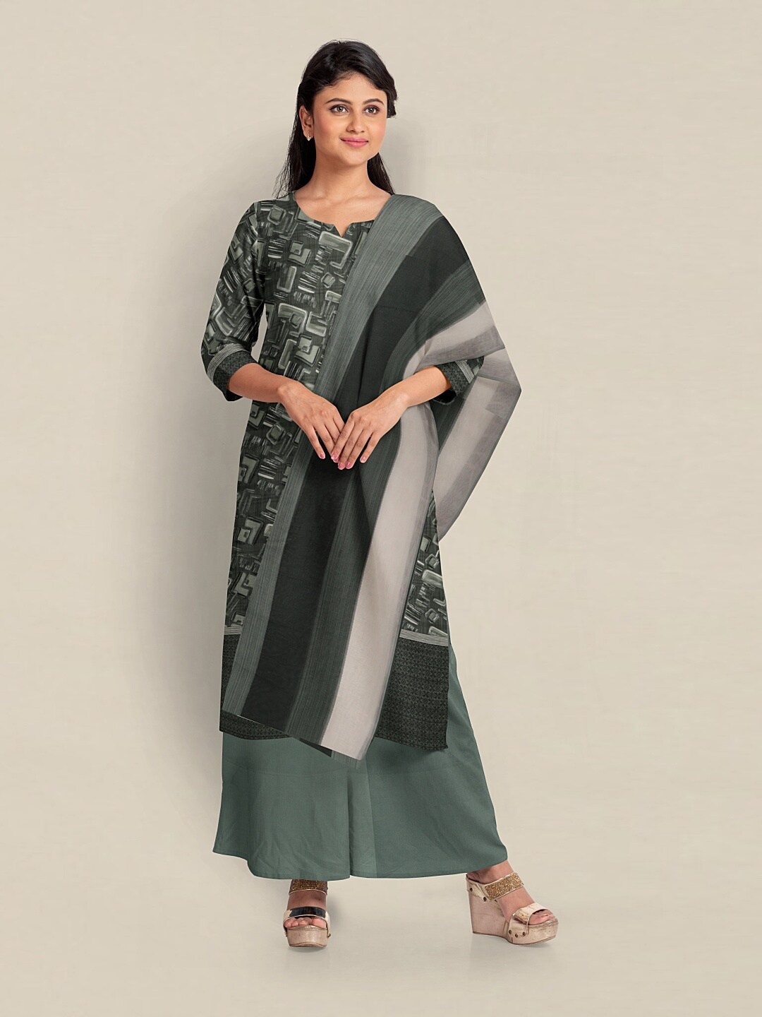

Pothys Printed Unstitched Dress Material, Green