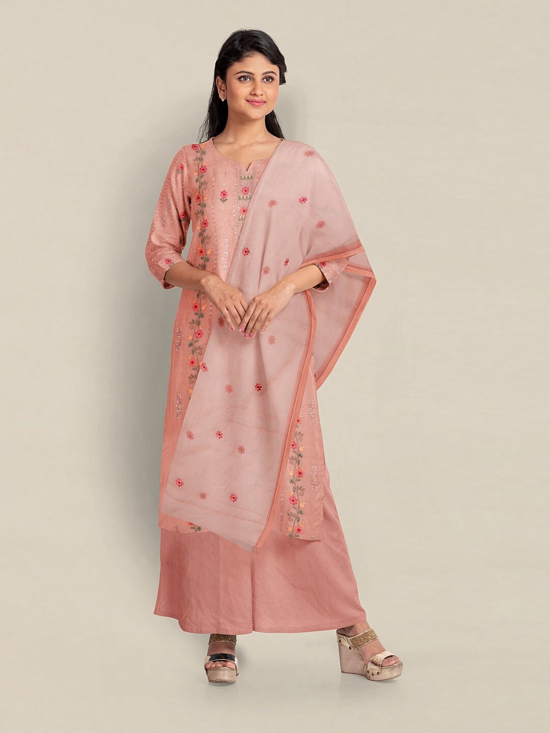 

Pothys Embroidered Unstitched Dress Material, Peach