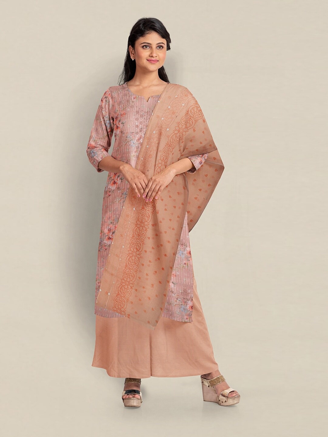 

Pothys Printed Unstitched Dress Material, Peach