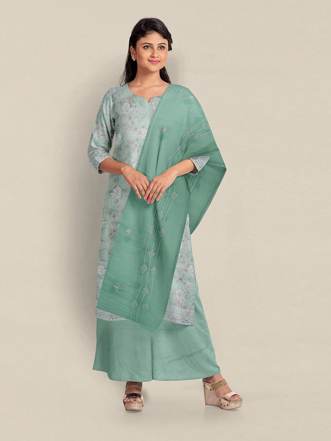 

Pothys Printed Organza Unstitched Dress Material, Sea green