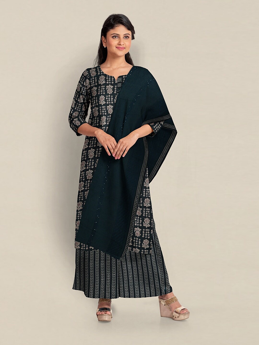 

Pothys Printed Viscose Rayon Unstitched Dress Material, Green