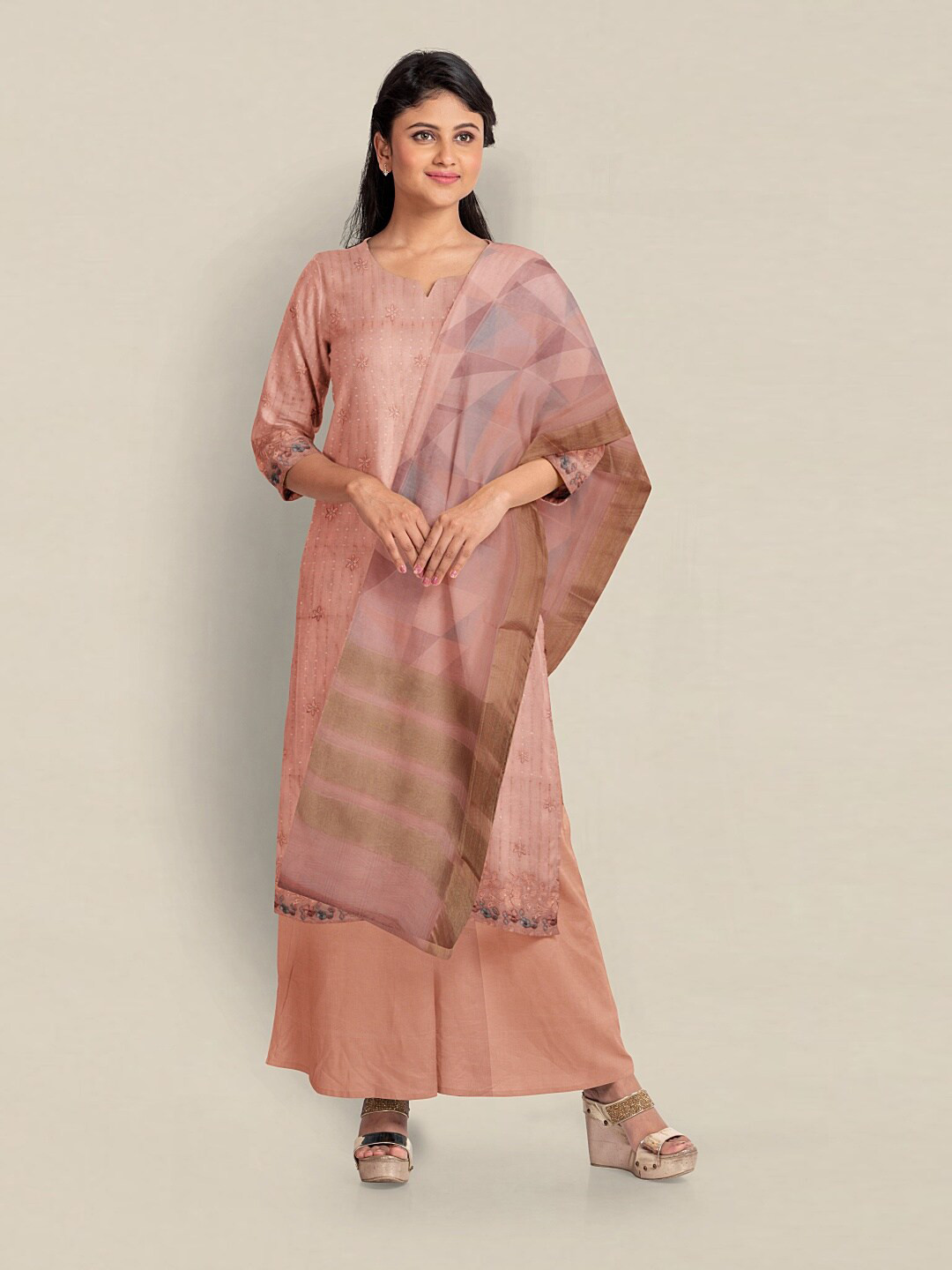 

Pothys Embroidered Organza Unstitched Dress Material, Peach