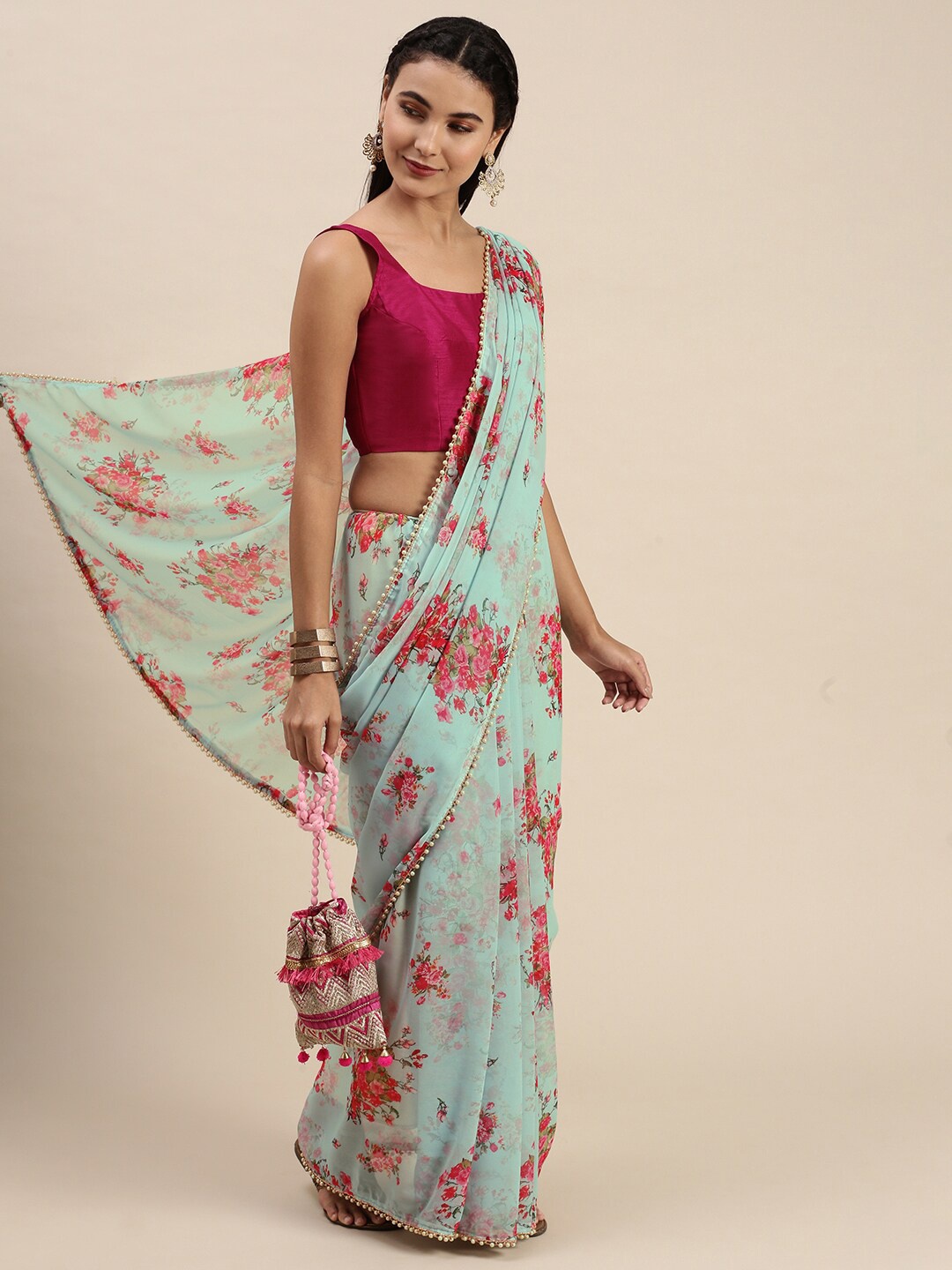 

AVANSHEE Floral Beads and Stones Saree, Blue