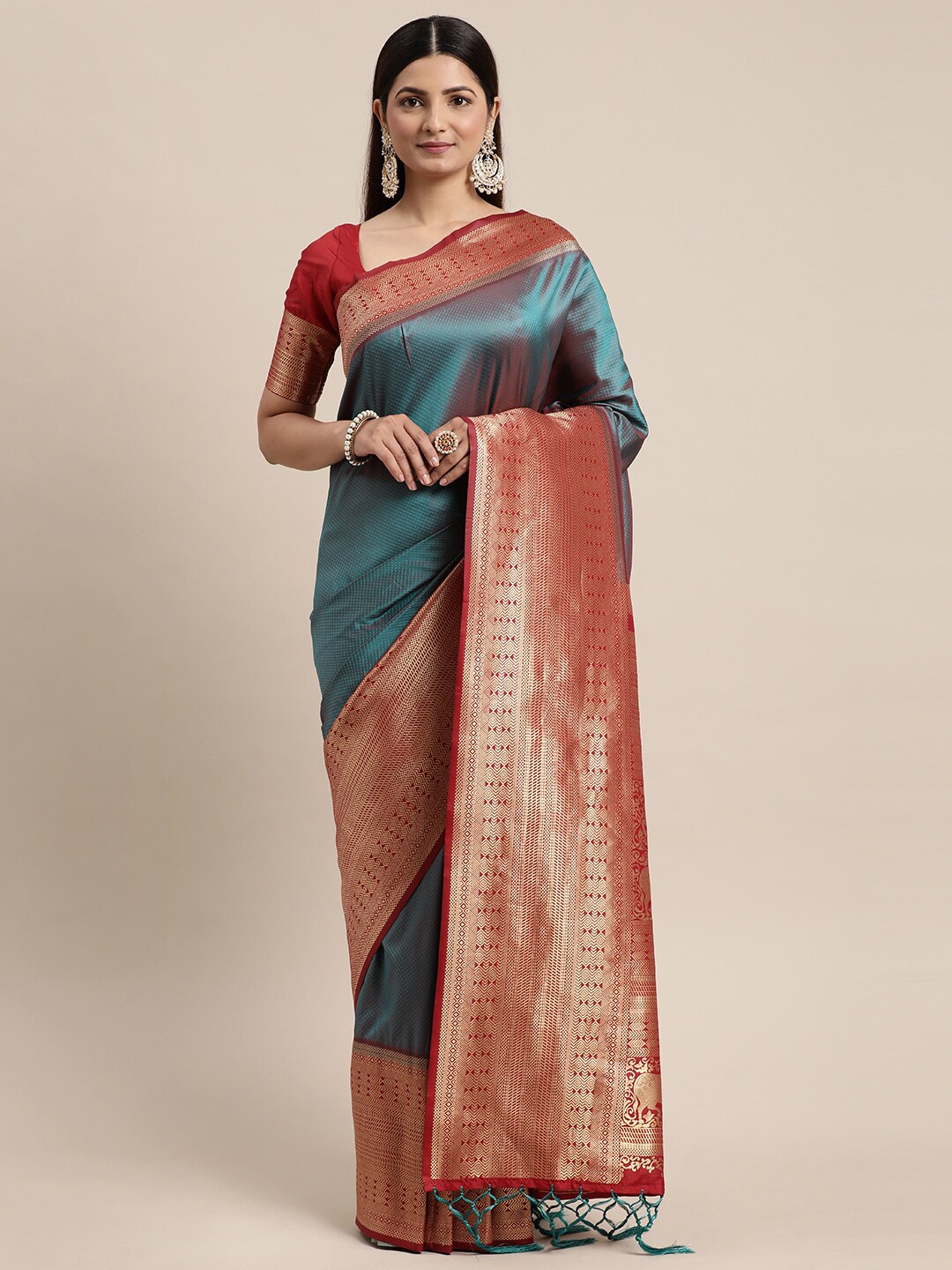 

AVANSHEE Woven Design Zari Pure Silk Fusion Saree, Teal
