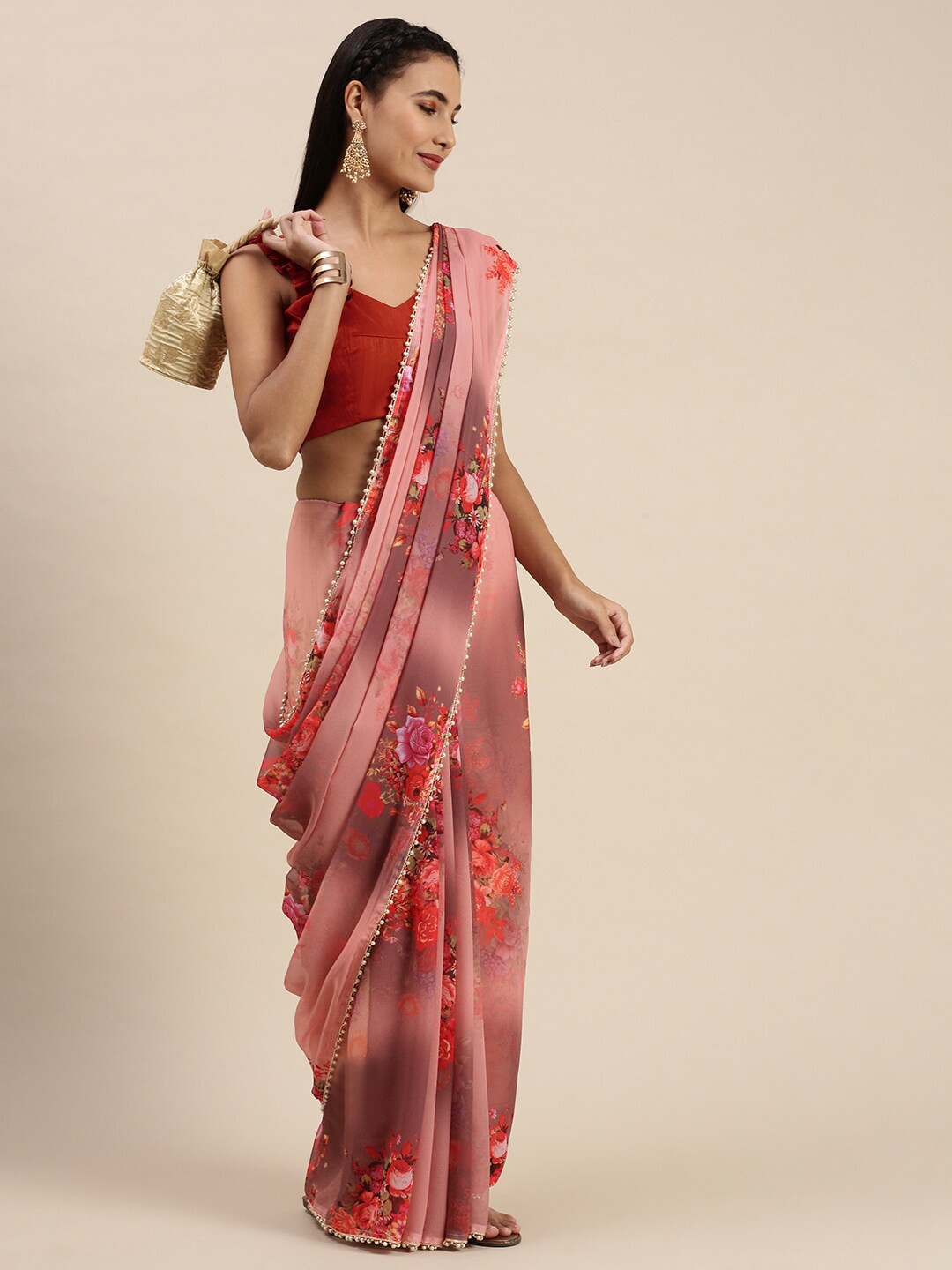 

AVANSHEE Printed Floral Beads and Stones Fusion Saree, Red