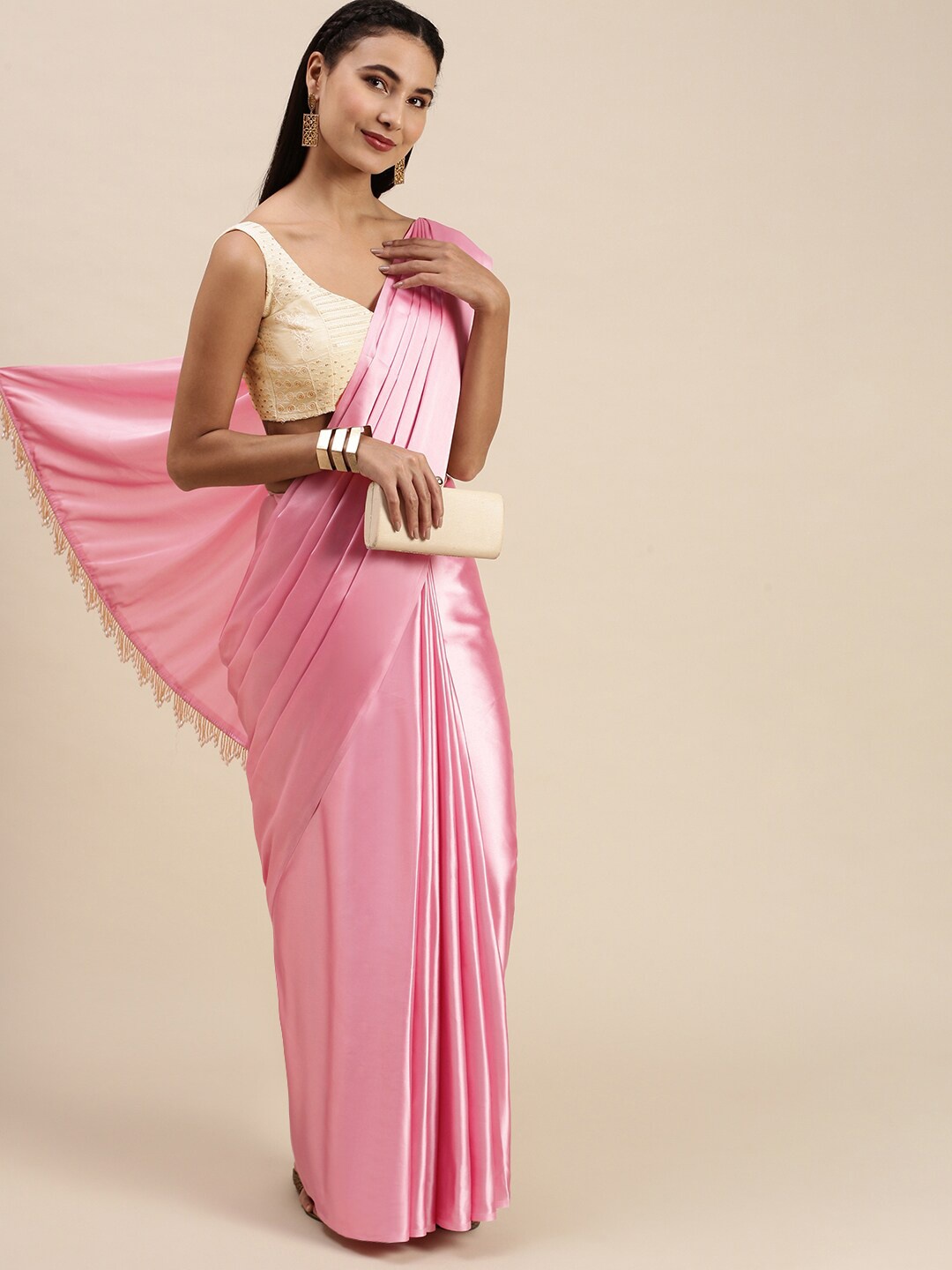 

AVANSHEE Beads and Stones Satin Fusion Saree, Pink