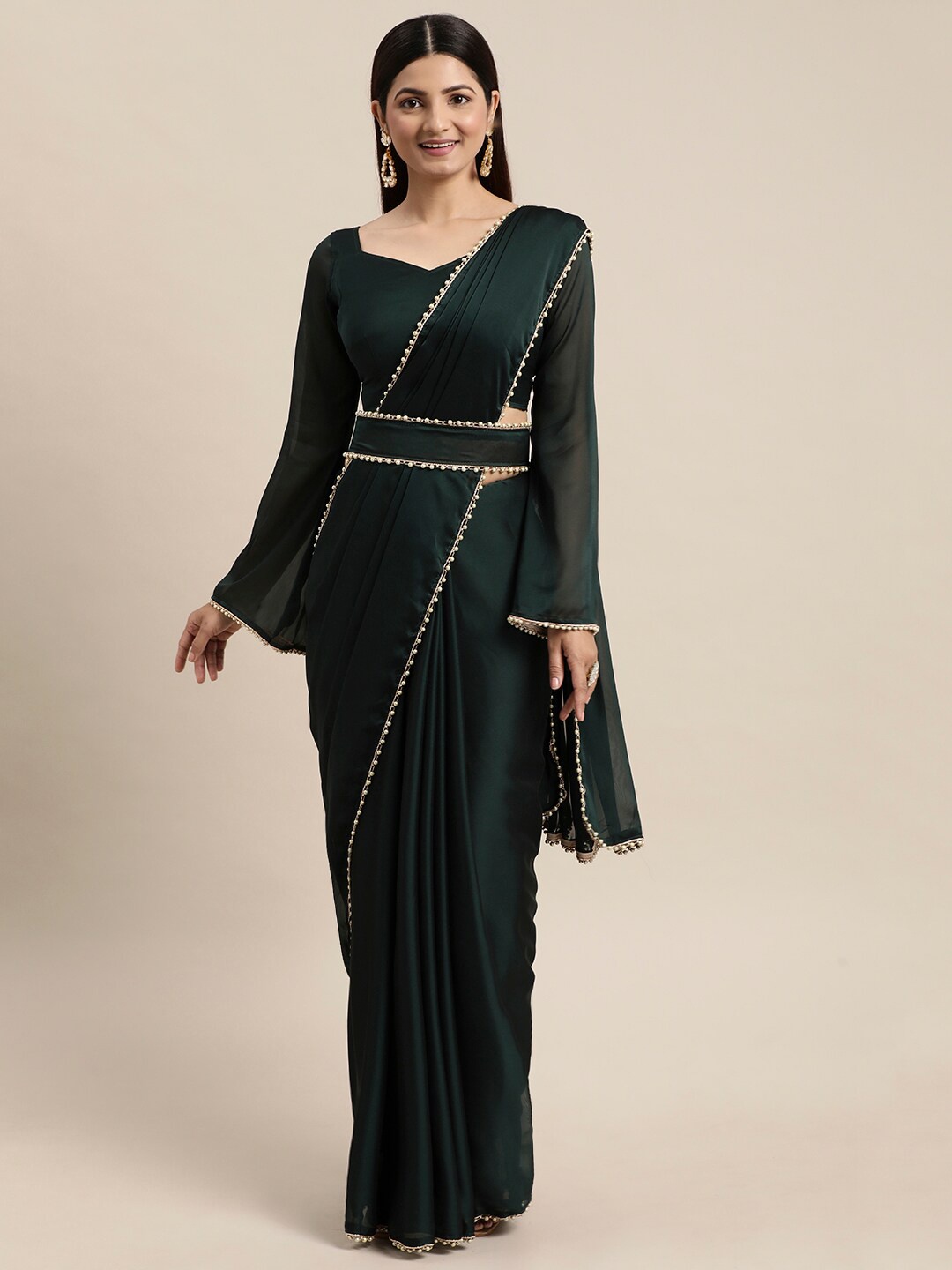

AVANSHEE Beads and Stones Embellished Saree, Green