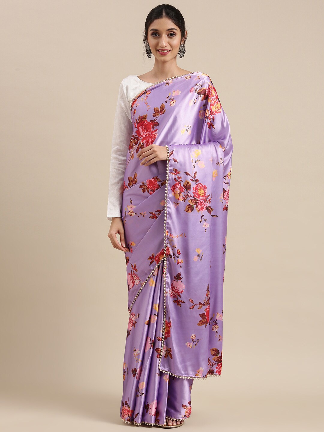 

AVANSHEE Floral Beads and Stones Satin Saree, Lavender