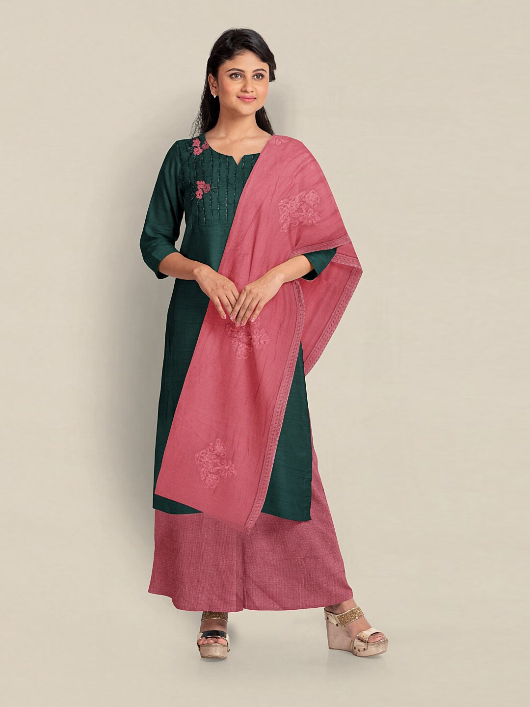 

Pothys Green & Pink Printed Art Silk Unstitched Dress Material