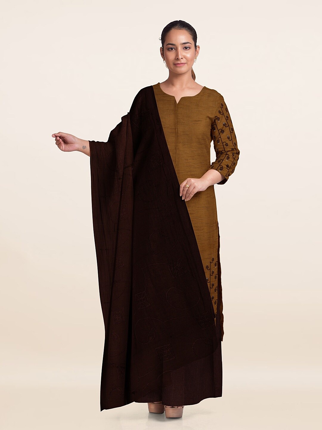 

Pothys Embroidered Unstitched Dress Material, Olive