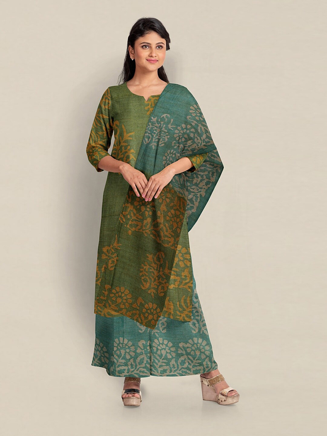 

Pothys Printed Unstitched Dress Material, Green