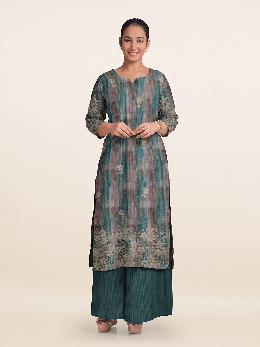 

Pothys Printed Linen Unstitched Dress Material, Green