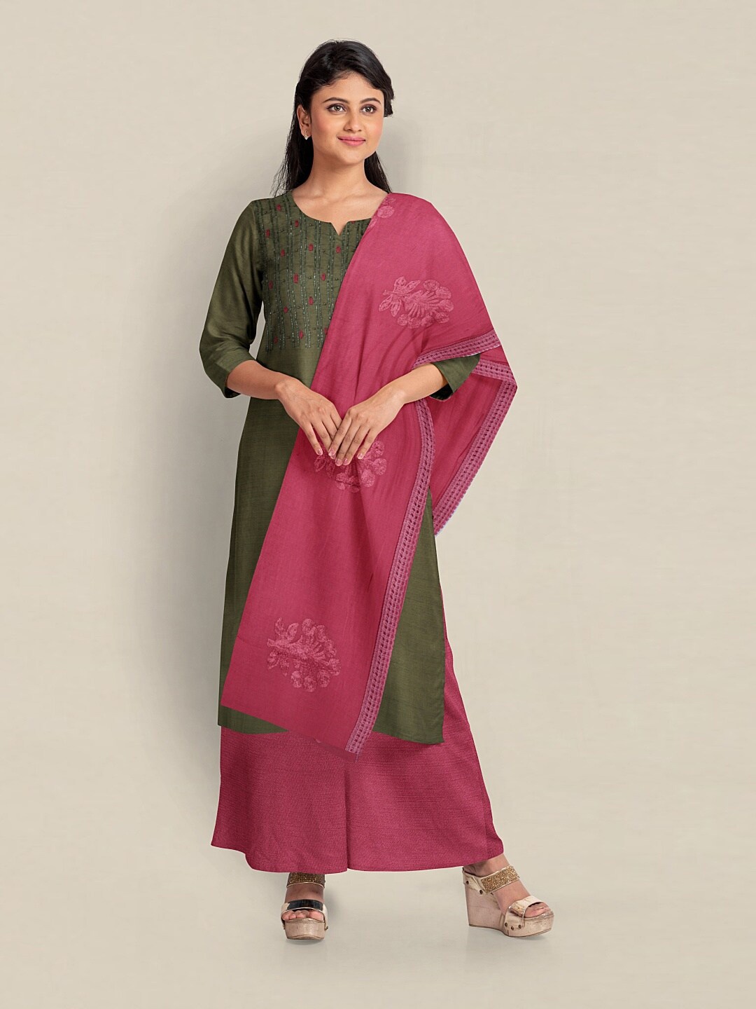 

Pothys Embroidered Art Silk Unstitched Dress Material, Green