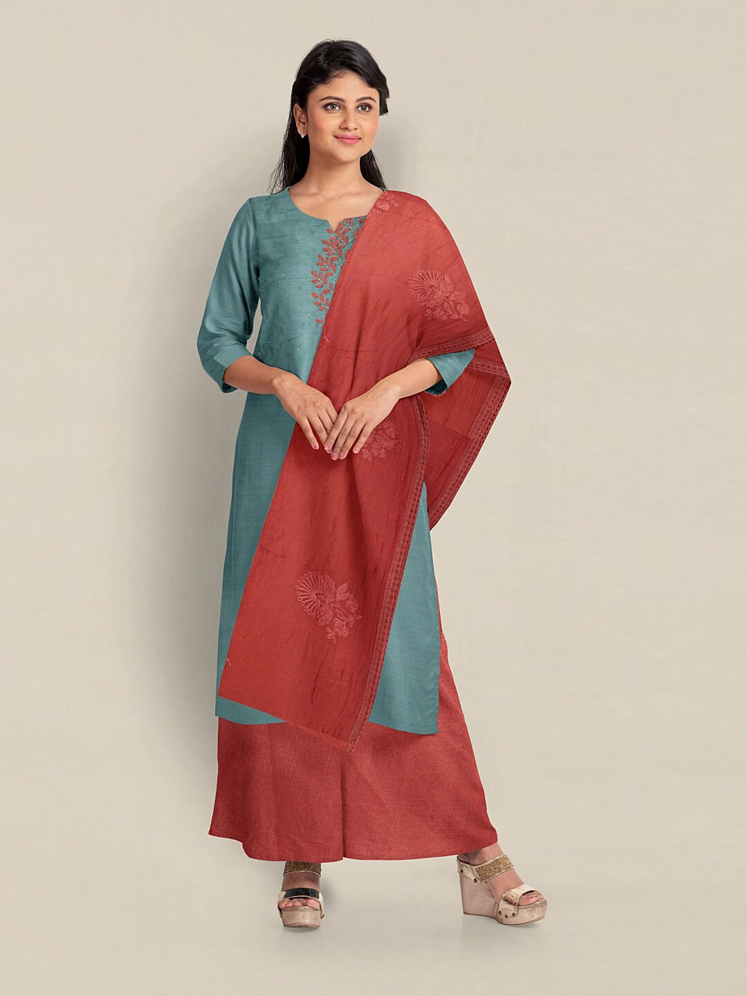 

Pothys Printed Art Silk Unstitched Dress Material, Blue