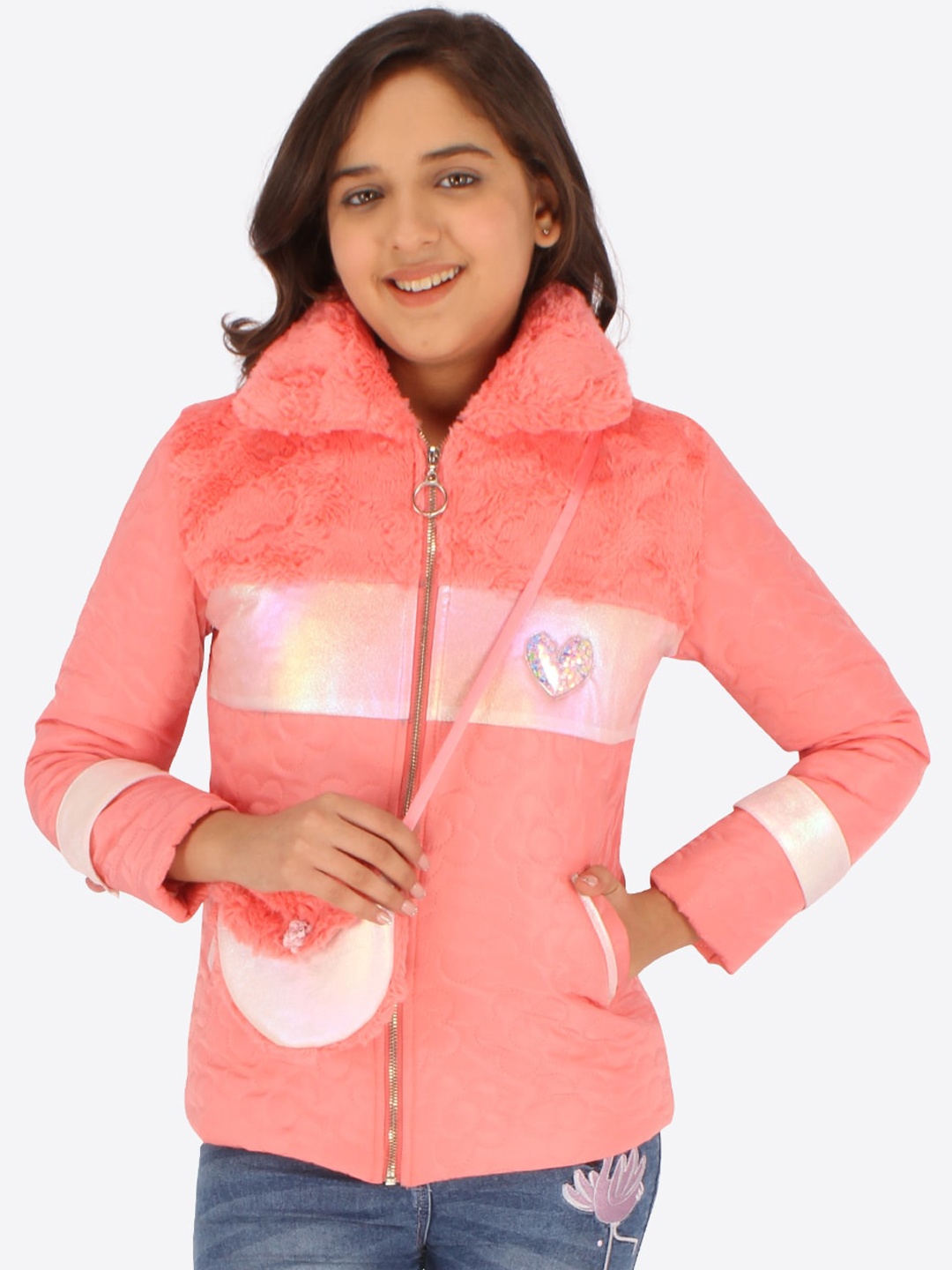 

CUTECUMBER Girls Colourblocked Crop Puffer Jacket, Peach