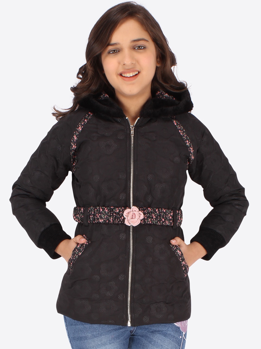 

CUTECUMBER Girls Printed Hooded Parka Jacket, Black