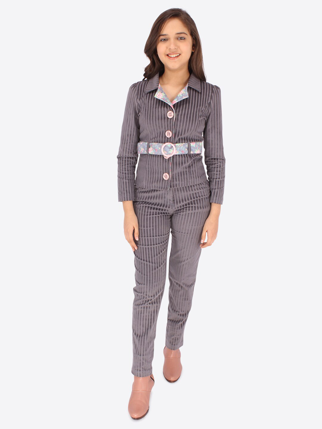 

CUTECUMBER Girls Striped Coat with Trousers, Grey