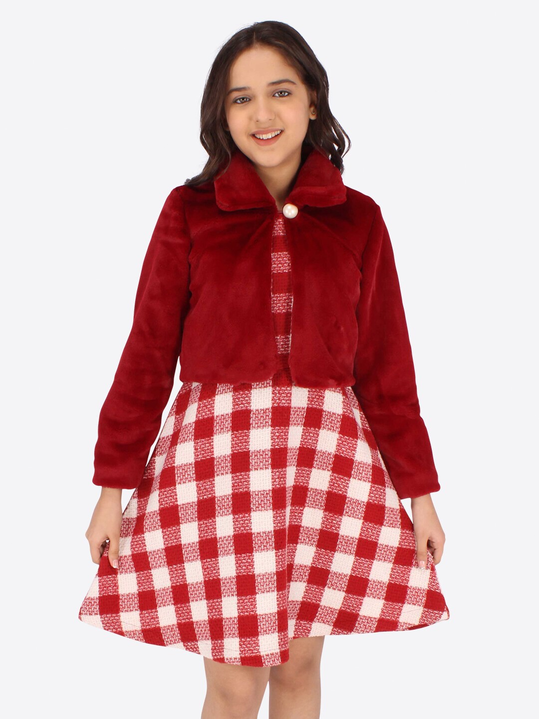

CUTECUMBER Checked Fit & Flare Dress With Jacket, Red