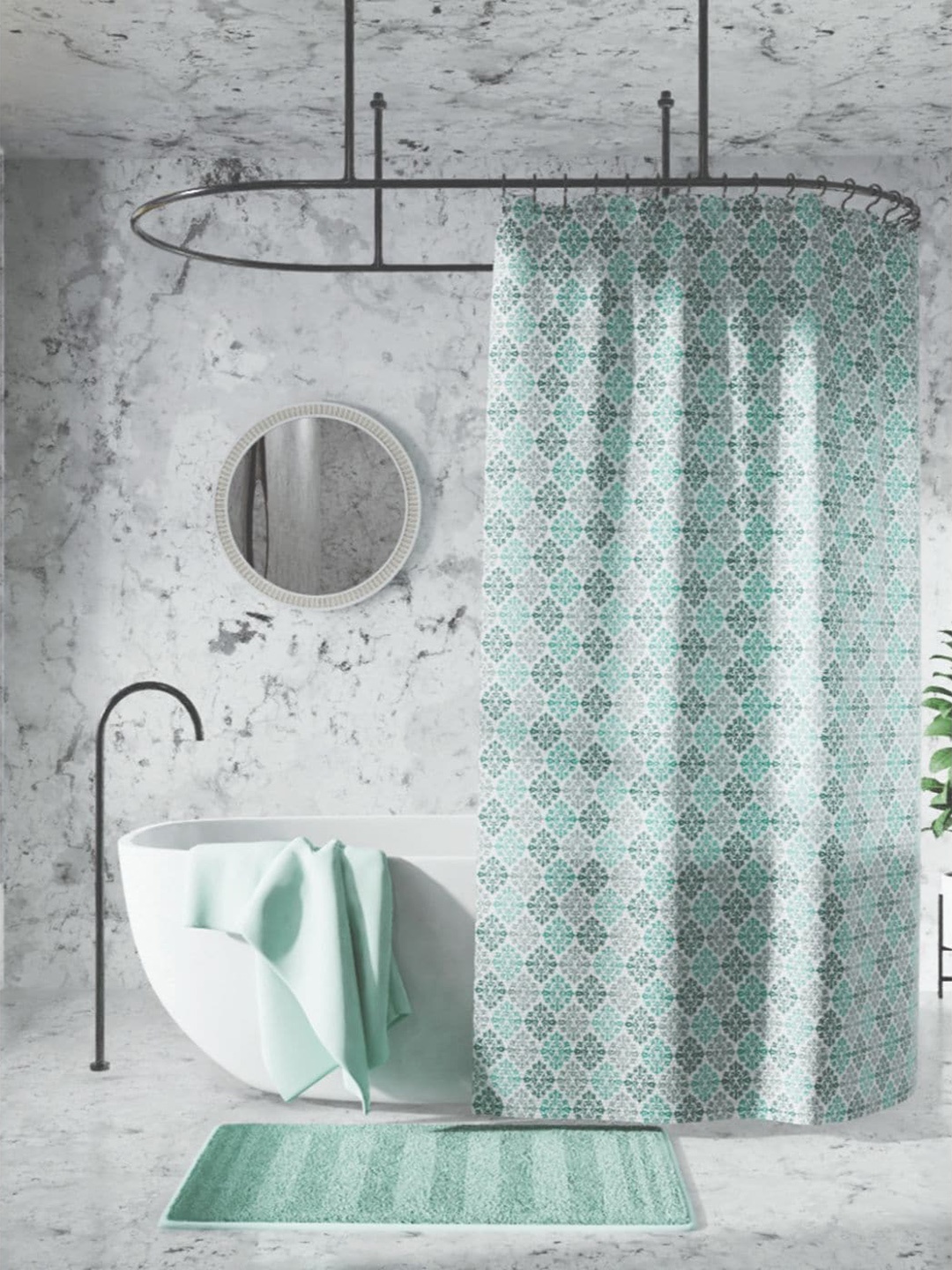 

BIANCA Mint Green & Grey Printed Waterproof Shower Curtain With 12 Hooks