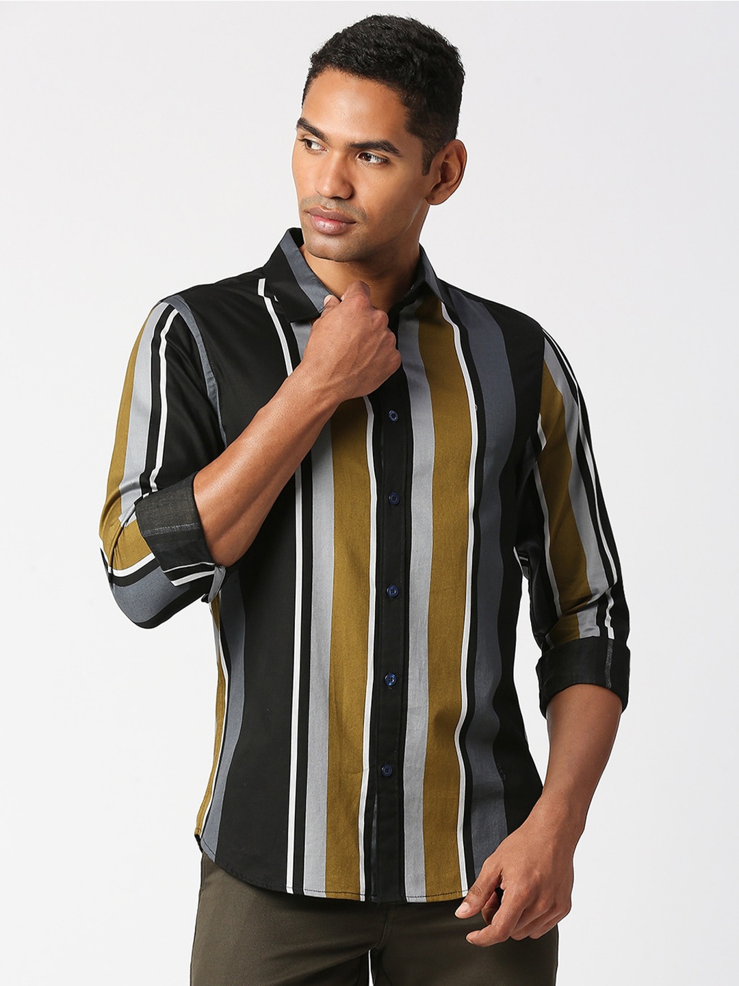 

VALEN CLUB Men Slim Fit Striped Casual Shirt, Olive
