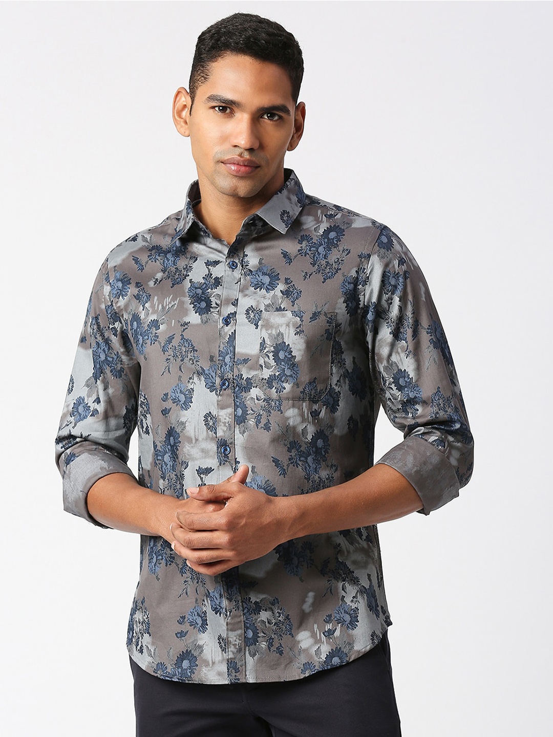 

VALEN CLUB Men Slim Fit Floral Printed Pure Cotton Casual Shirt, Grey